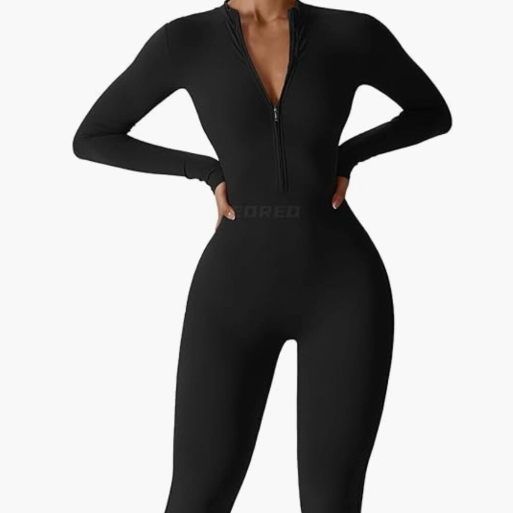 Women Long Sleeve Workout Jumpsuit Zip Up Romper